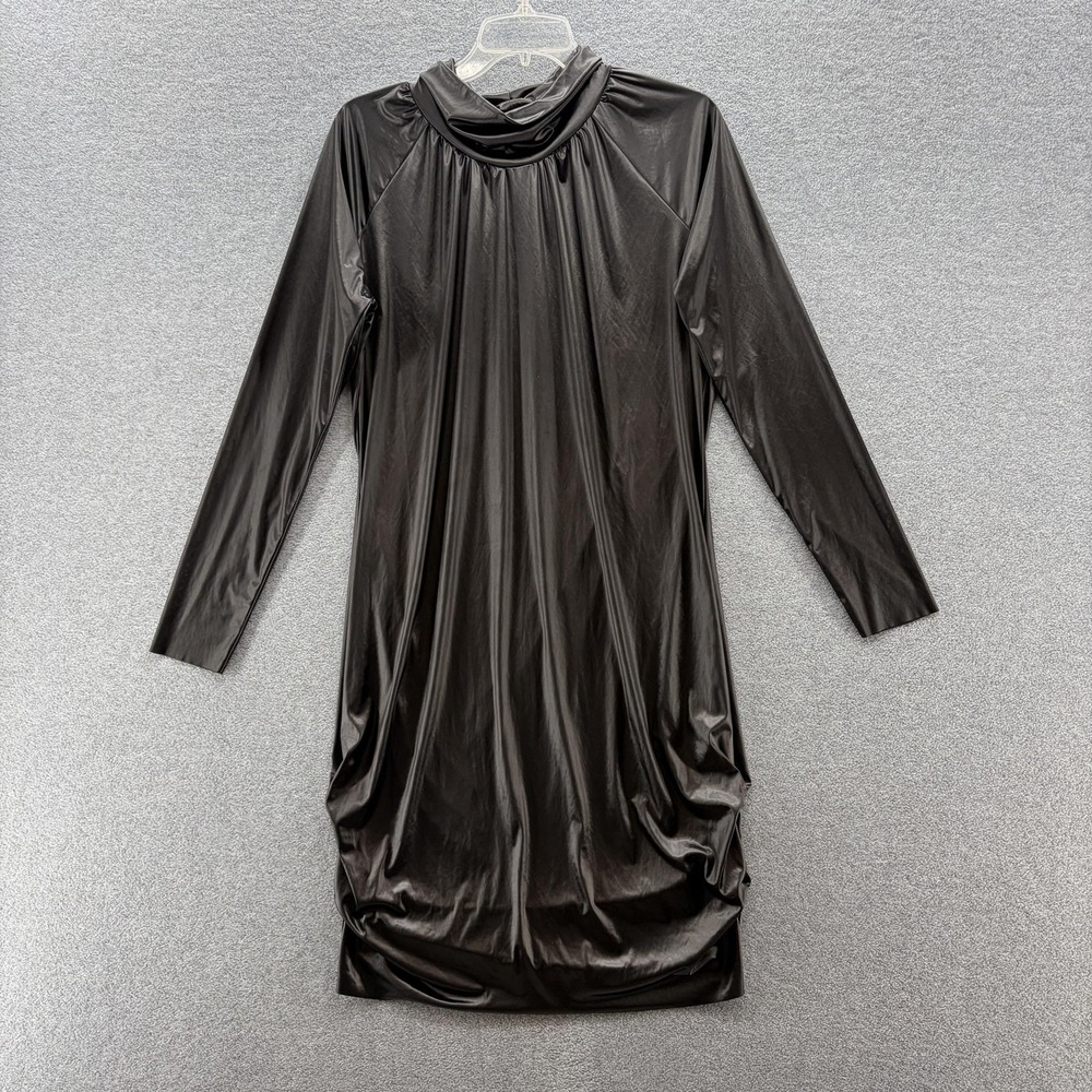 Poleci Dress Medium Black Wet Liquid Satin Draped Slinky Knee Length Party Shift